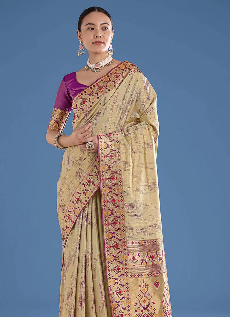 Beige color faux banarasi tissue silk paithani woven saree