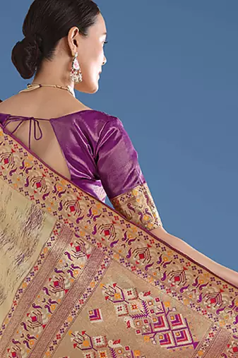 Beige color faux banarasi tissue silk blend paithani woven saree