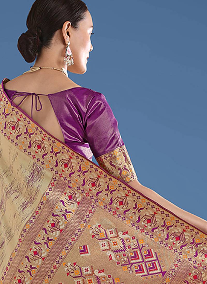 Beige color faux banarasi tissue silk paithani woven saree