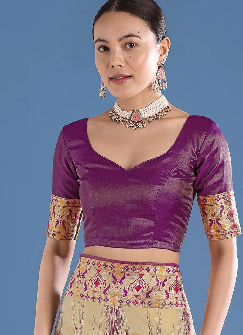 Beige color faux banarasi tissue silk paithani woven saree