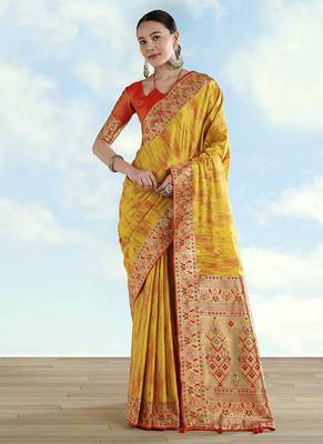 Mustard yellow color faux banarasi tissue silk blend paithani woven saree 1