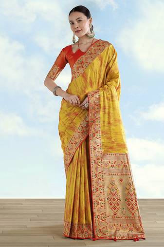 Mustard yellow color faux banarasi tissue silk paithani woven saree