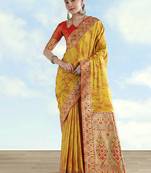 Mustard yellow color faux banarasi tissue silk paithani woven saree