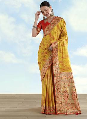 Mustard yellow color faux banarasi tissue silk blend paithani woven saree 2