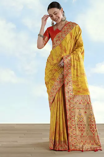 Mustard yellow color faux banarasi tissue silk blend paithani woven saree