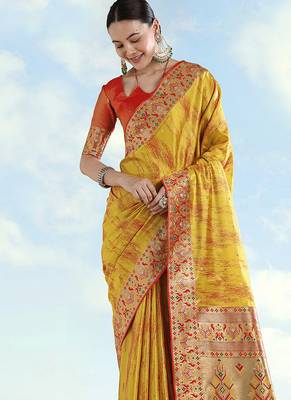 Mustard yellow color faux banarasi tissue silk blend paithani woven saree 3
