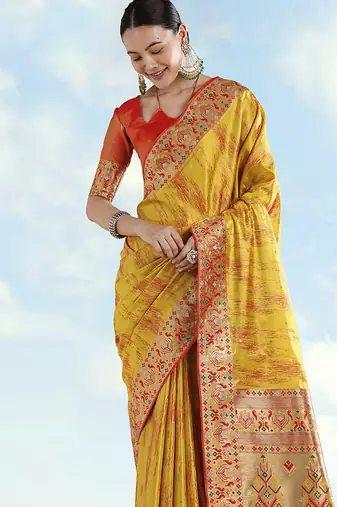 Mustard yellow color faux banarasi tissue silk blend paithani woven saree