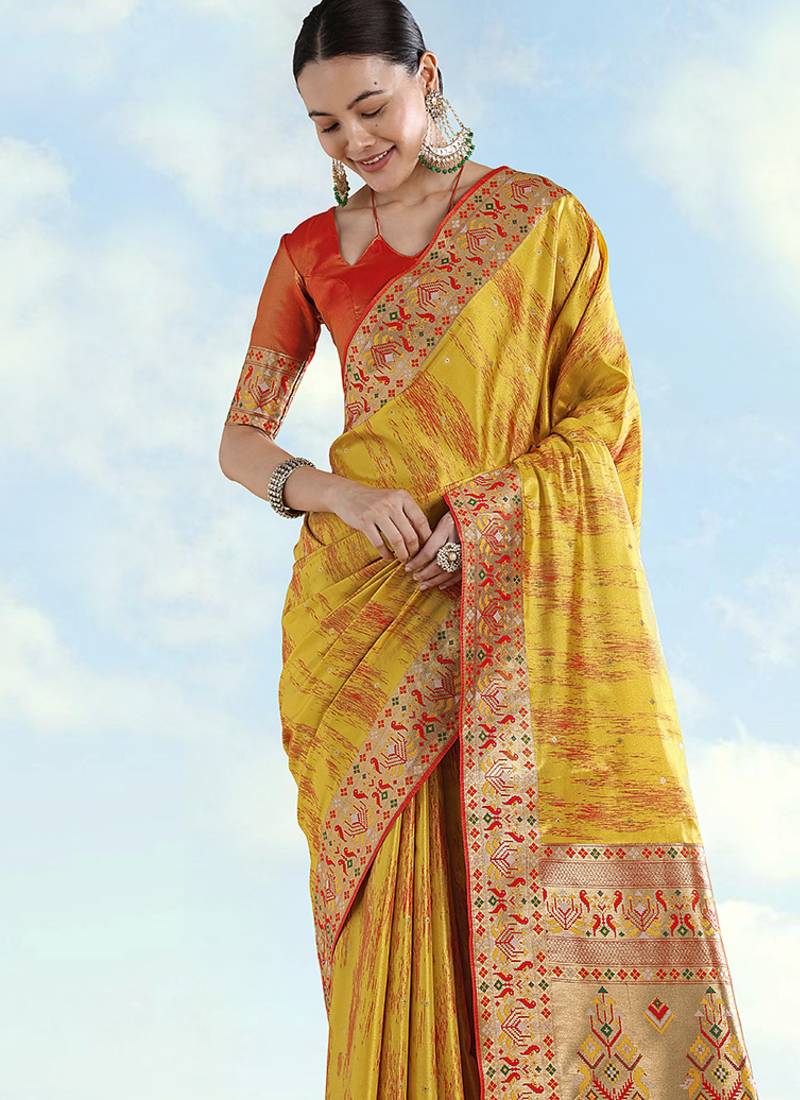 Mustard yellow color faux banarasi tissue silk paithani woven saree