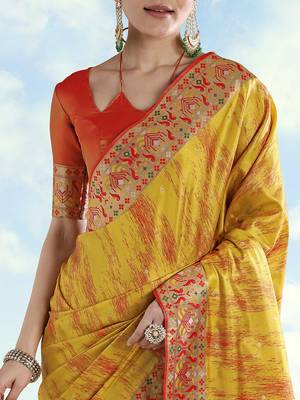 Mustard yellow color faux banarasi tissue silk blend paithani woven saree 4