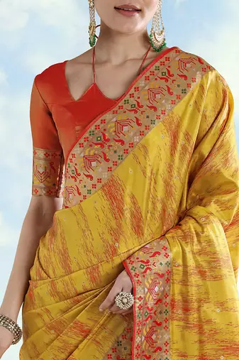 Mustard yellow color faux banarasi tissue silk blend paithani woven saree