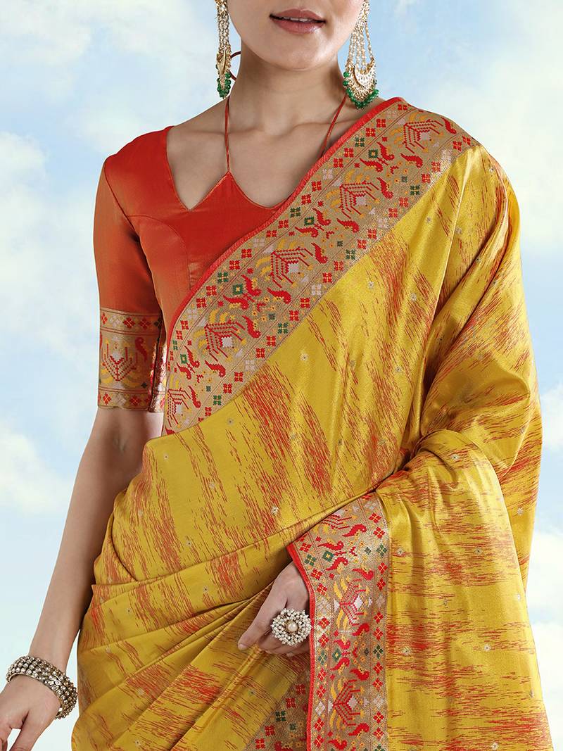 Mustard yellow color faux banarasi tissue silk paithani woven saree
