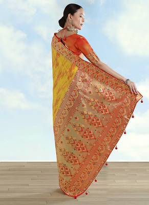 Mustard yellow color faux banarasi tissue silk blend paithani woven saree 5