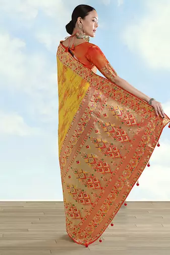 Mustard yellow color faux banarasi tissue silk blend paithani woven saree