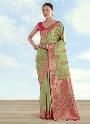 Light green color faux banarasi tissue silk blend paithani woven saree 1