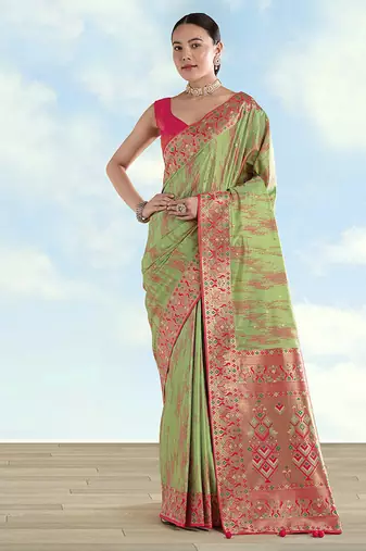 Light green color faux banarasi tissue silk paithani woven saree