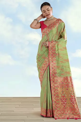 Light green color faux banarasi tissue silk blend paithani woven saree