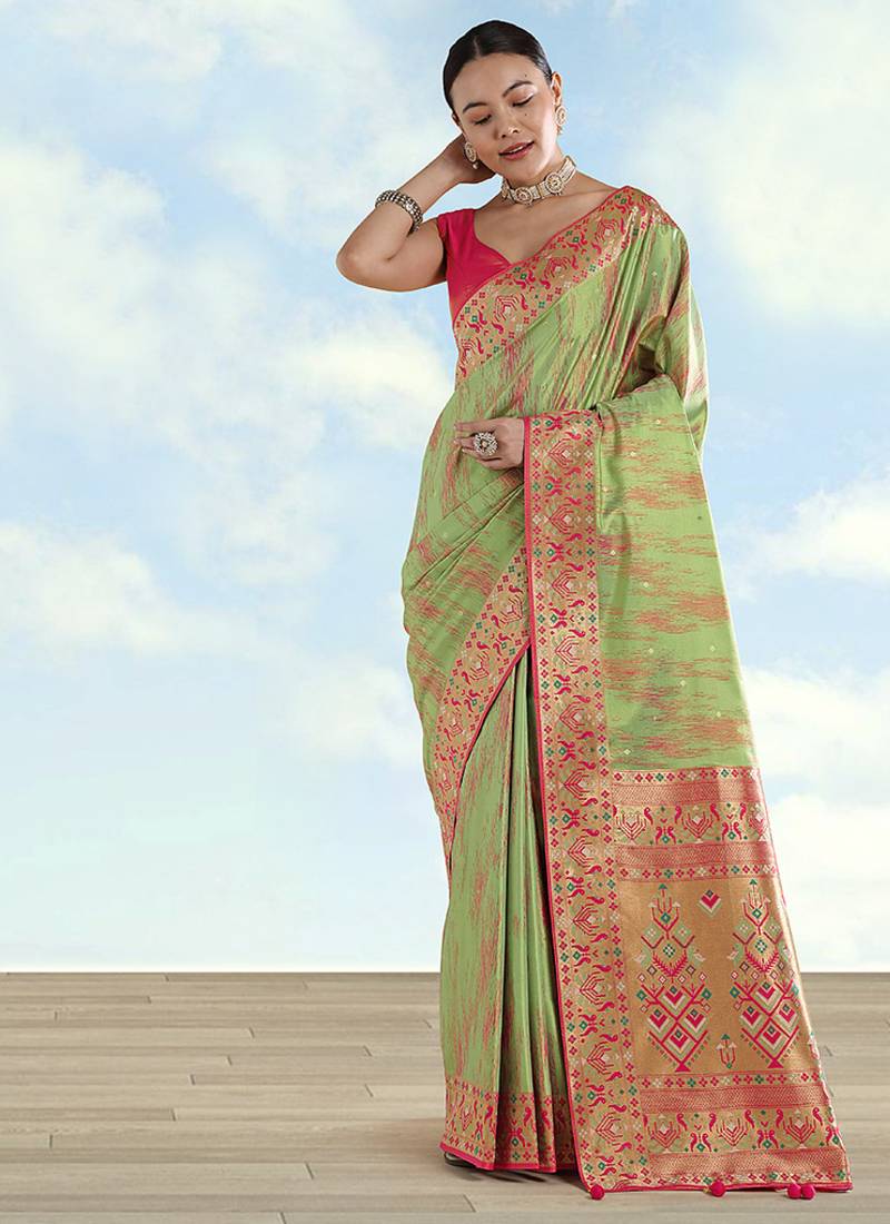 Light green color faux banarasi tissue silk paithani woven saree