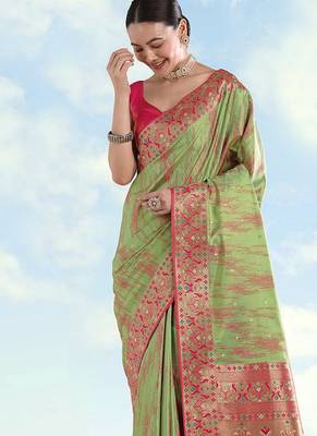 Light green color faux banarasi tissue silk blend paithani woven saree 3