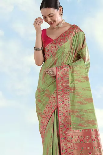 Light green color faux banarasi tissue silk blend paithani woven saree
