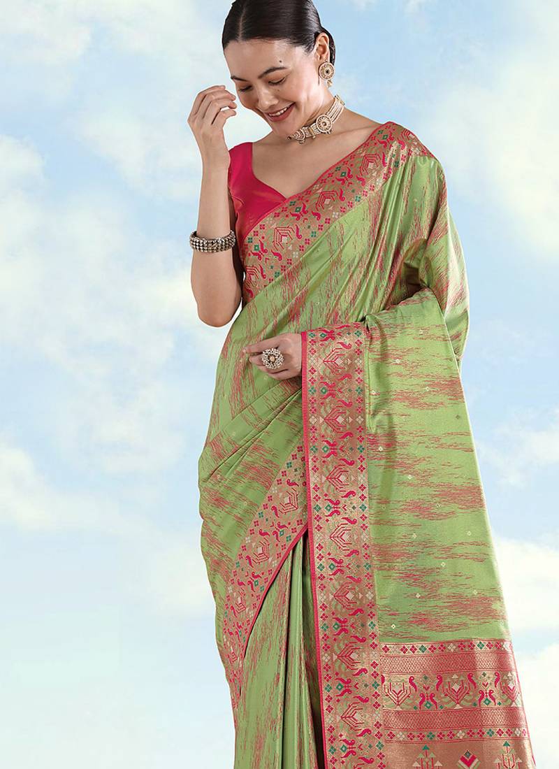 Light green color faux banarasi tissue silk paithani woven saree
