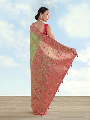 Light green color faux banarasi tissue silk blend paithani woven saree 4