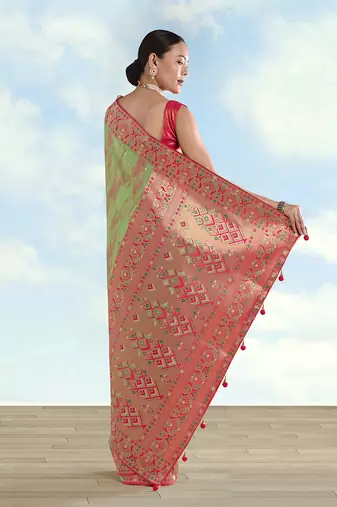 Light green color faux banarasi tissue silk blend paithani woven saree