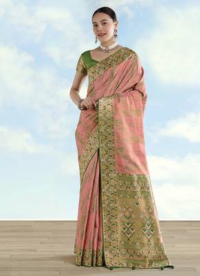 Light pink color faux banarasi tissue silk blend paithani woven saree 1