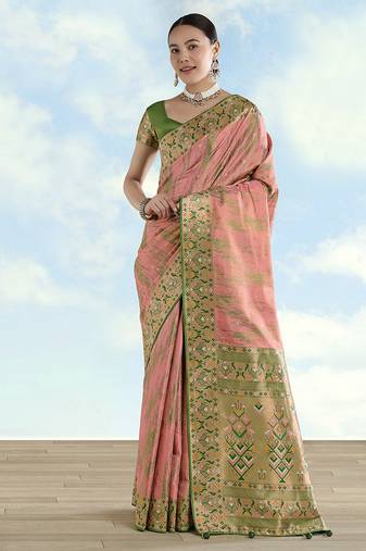 Light pink color faux banarasi tissue silk paithani woven saree