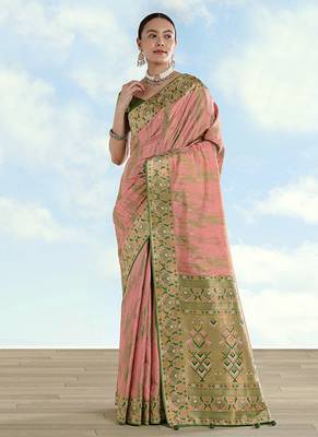 Light pink color faux banarasi tissue silk blend paithani woven saree 2