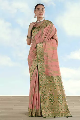 Light pink color faux banarasi tissue silk blend paithani woven saree
