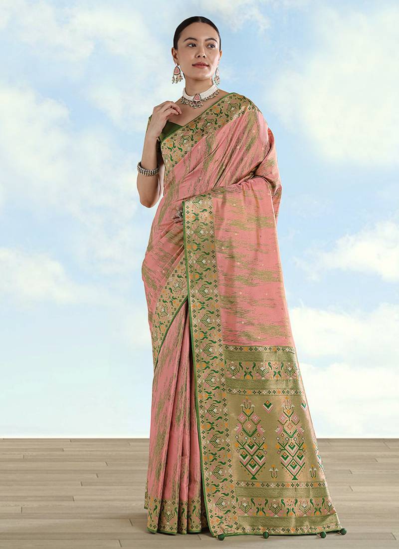 Light pink color faux banarasi tissue silk paithani woven saree