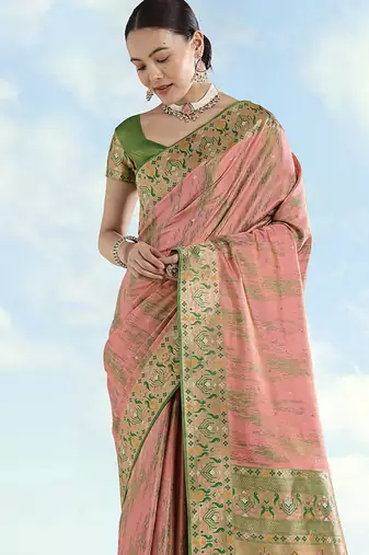 Light pink color faux banarasi tissue silk blend paithani woven saree