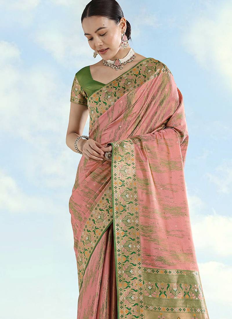 Light pink color faux banarasi tissue silk paithani woven saree