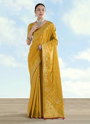 Mustard color paisley zari woven faux banarasi tissue silk blend saree 1