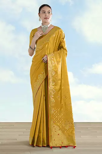 Mustard color paisley zari woven faux banarasi tissue silk saree