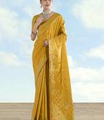 Mustard color paisley zari woven faux banarasi tissue silk saree