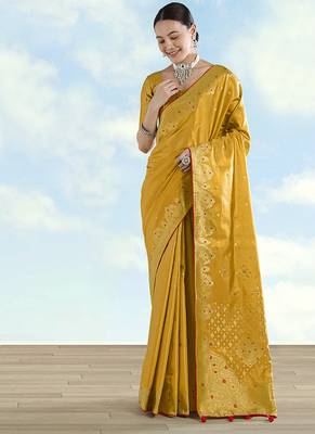 Mustard color paisley zari woven faux banarasi tissue silk blend saree 2