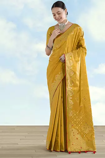 Mustard color paisley zari woven faux banarasi tissue silk blend saree