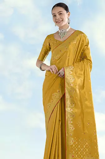 Mustard color paisley zari woven faux banarasi tissue silk blend saree