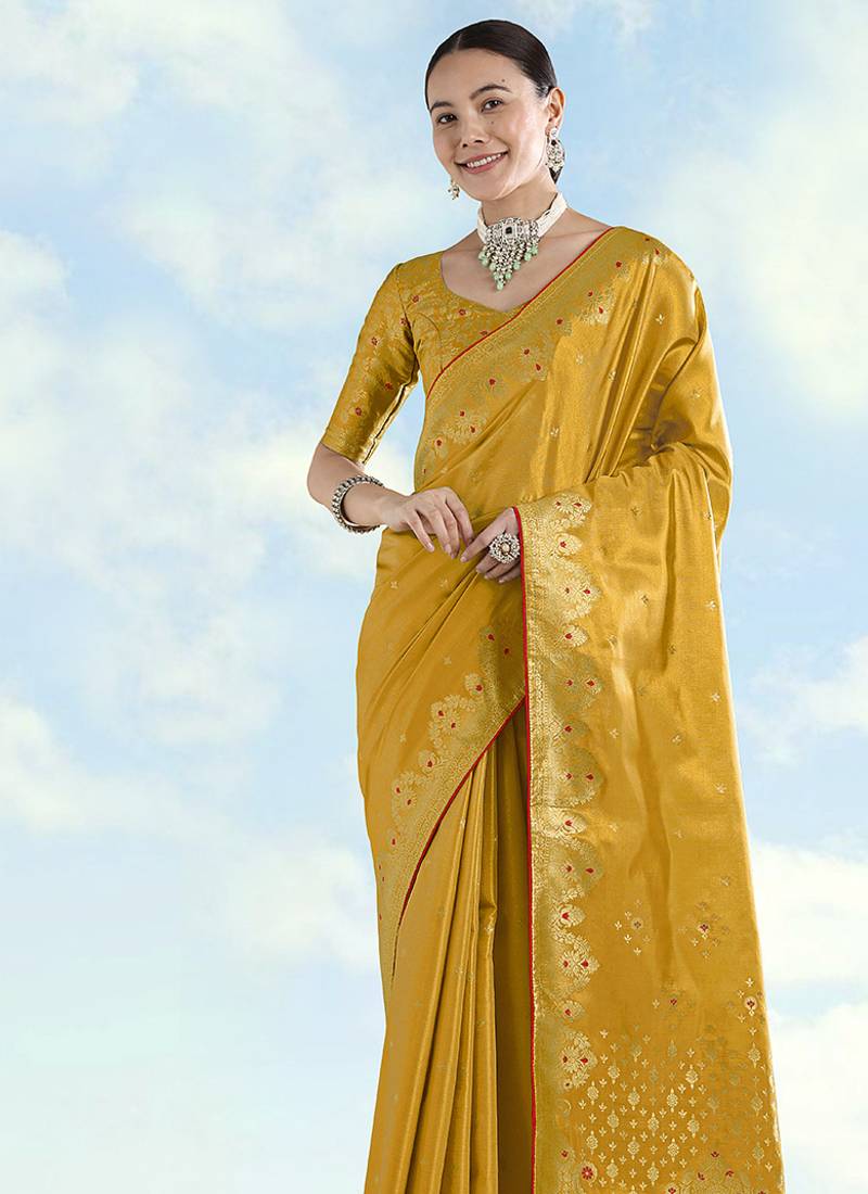 Mustard color paisley zari woven faux banarasi tissue silk saree