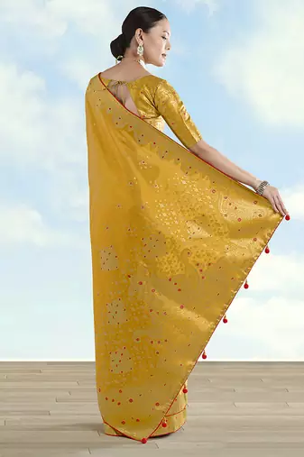 Mustard color paisley zari woven faux banarasi tissue silk blend saree