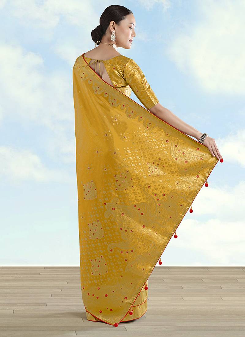 Mustard color paisley zari woven faux banarasi tissue silk saree