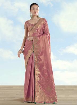 Light pink color paisley zari woven faux banarasi tissue silk blend saree 1