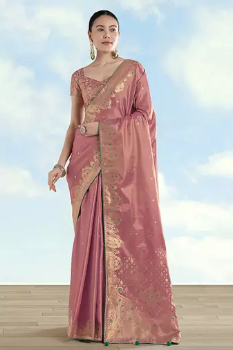 Light pink color paisley zari woven faux banarasi tissue silk saree