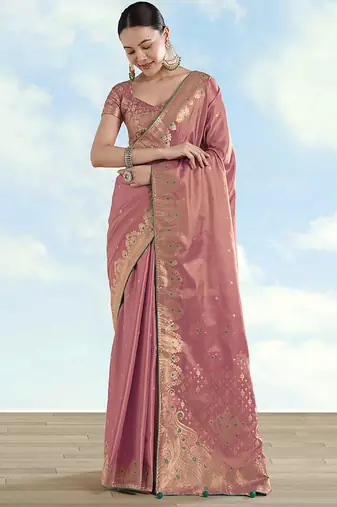 Light pink color paisley zari woven faux banarasi tissue silk blend saree