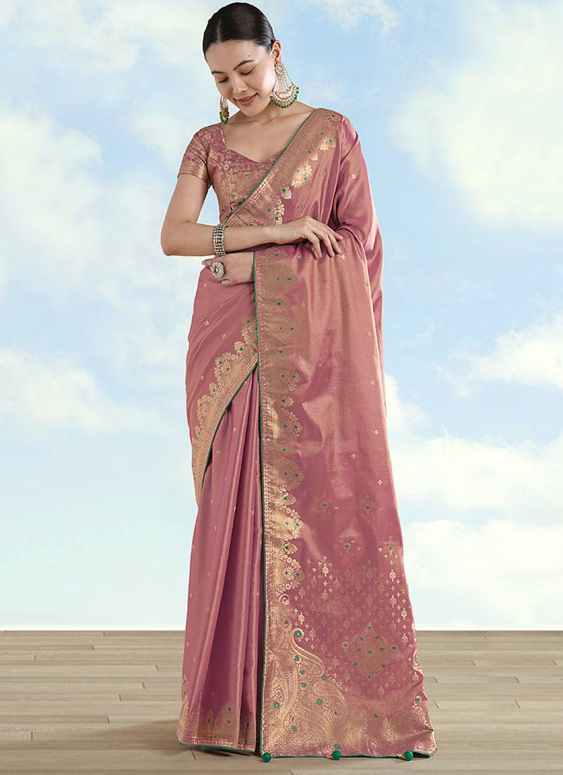 Light pink color paisley zari woven faux banarasi tissue silk saree