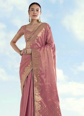 Light pink color paisley zari woven faux banarasi tissue silk blend saree 3
