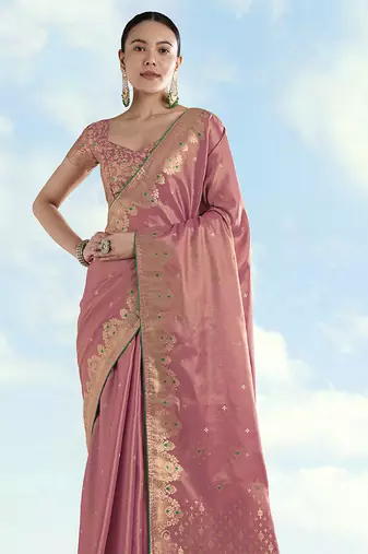 Light pink color paisley zari woven faux banarasi tissue silk blend saree