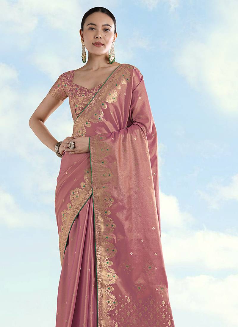 Light pink color paisley zari woven faux banarasi tissue silk saree