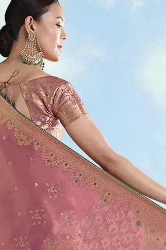 Light pink color paisley zari woven faux banarasi tissue silk blend saree